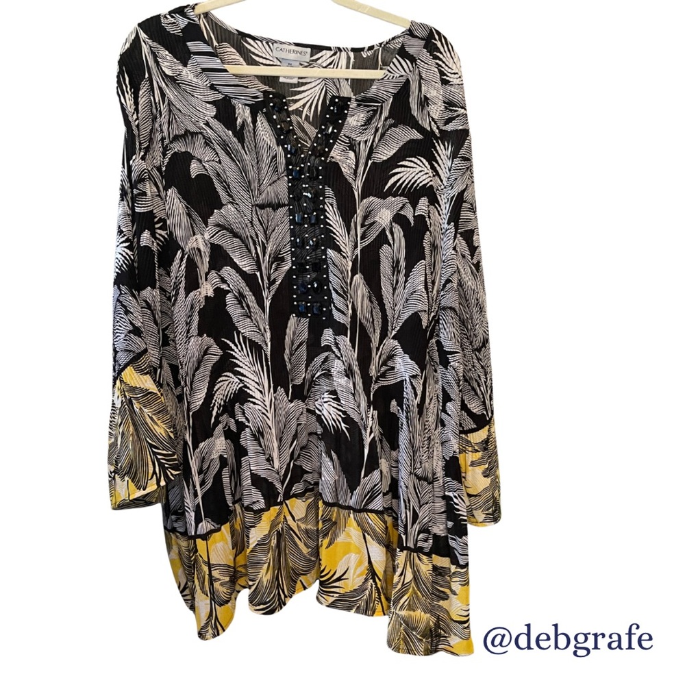 Catherines 5X Women's Black and Yellow angel sleeve Tunic Blouse P2P:37” L:34” - Picture 2 of 10